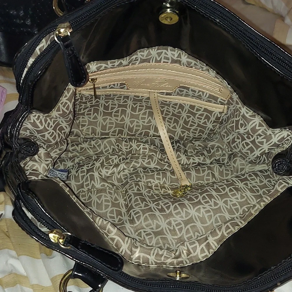 Marc Fisher Women's Black Faux Patent Zip Leather Hobo Bag Purse